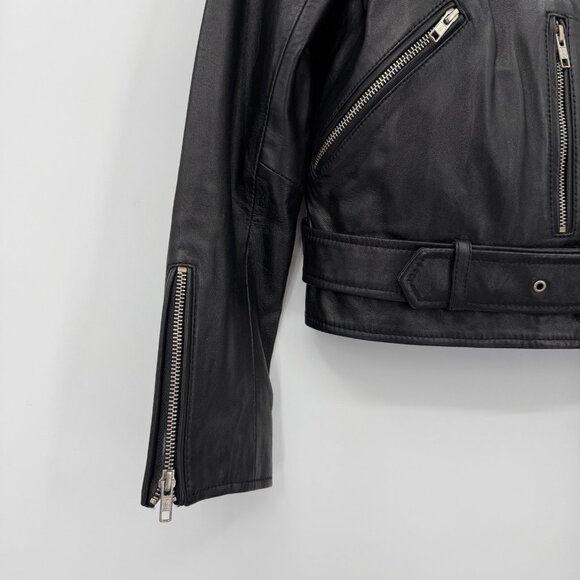 Quince Women's Black Leather Motorcycle Jacket size XS Sheep Leather Belted - Picture 3 of 7